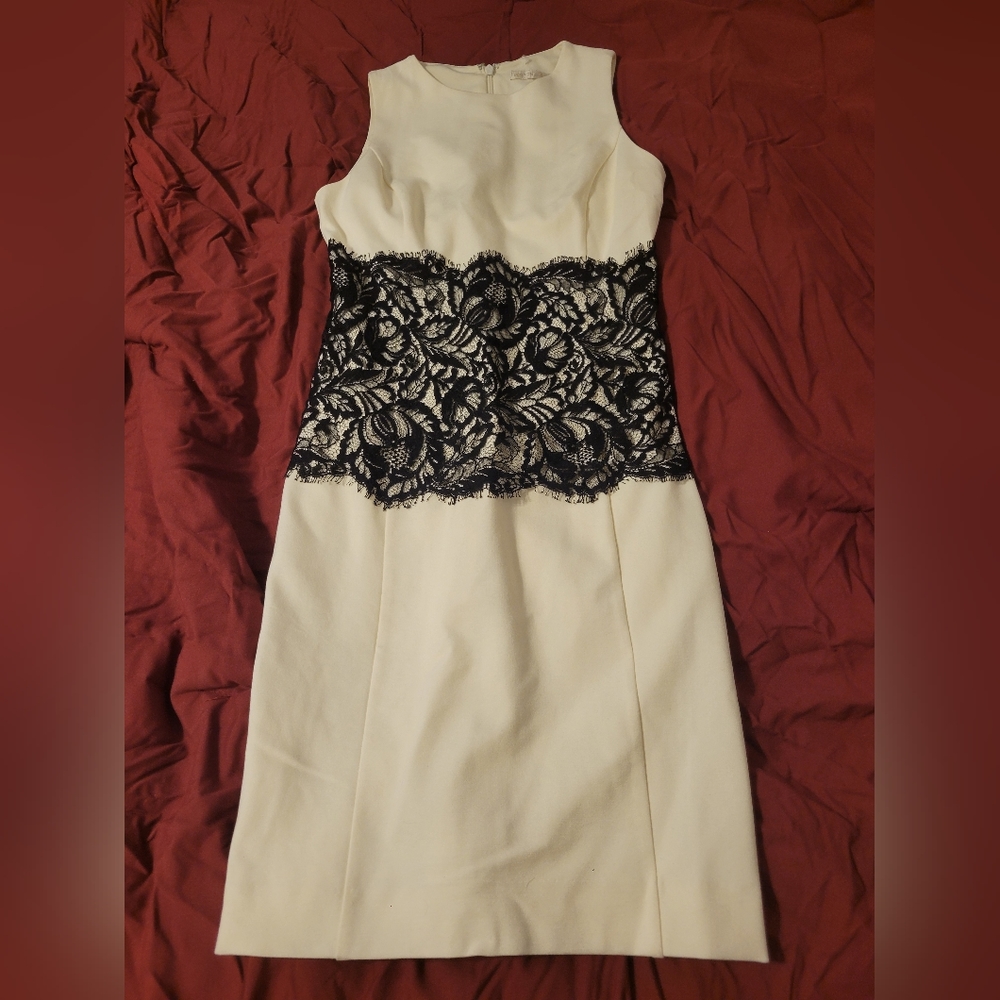 BOSTON PROPER IVORY BLACK LACE BODYCON PENCIL MINI BUISNESS BOSS DRESS SIZE 0